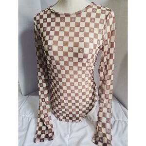 Gaze M Y2k Boho Checkered Board Long Sleeve Bodysuit Mesh Indie Retro Grunge